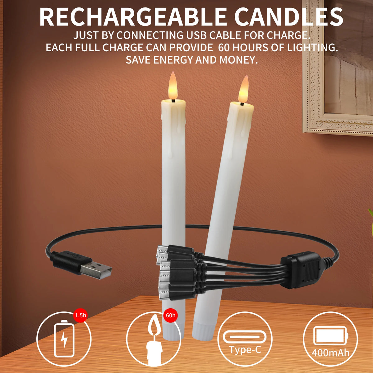 Rechargeable Flameless LED Taper Candles with Timer Remote & USB Charging Cable Flickering Dripping Wax Window Tall Candlesticks