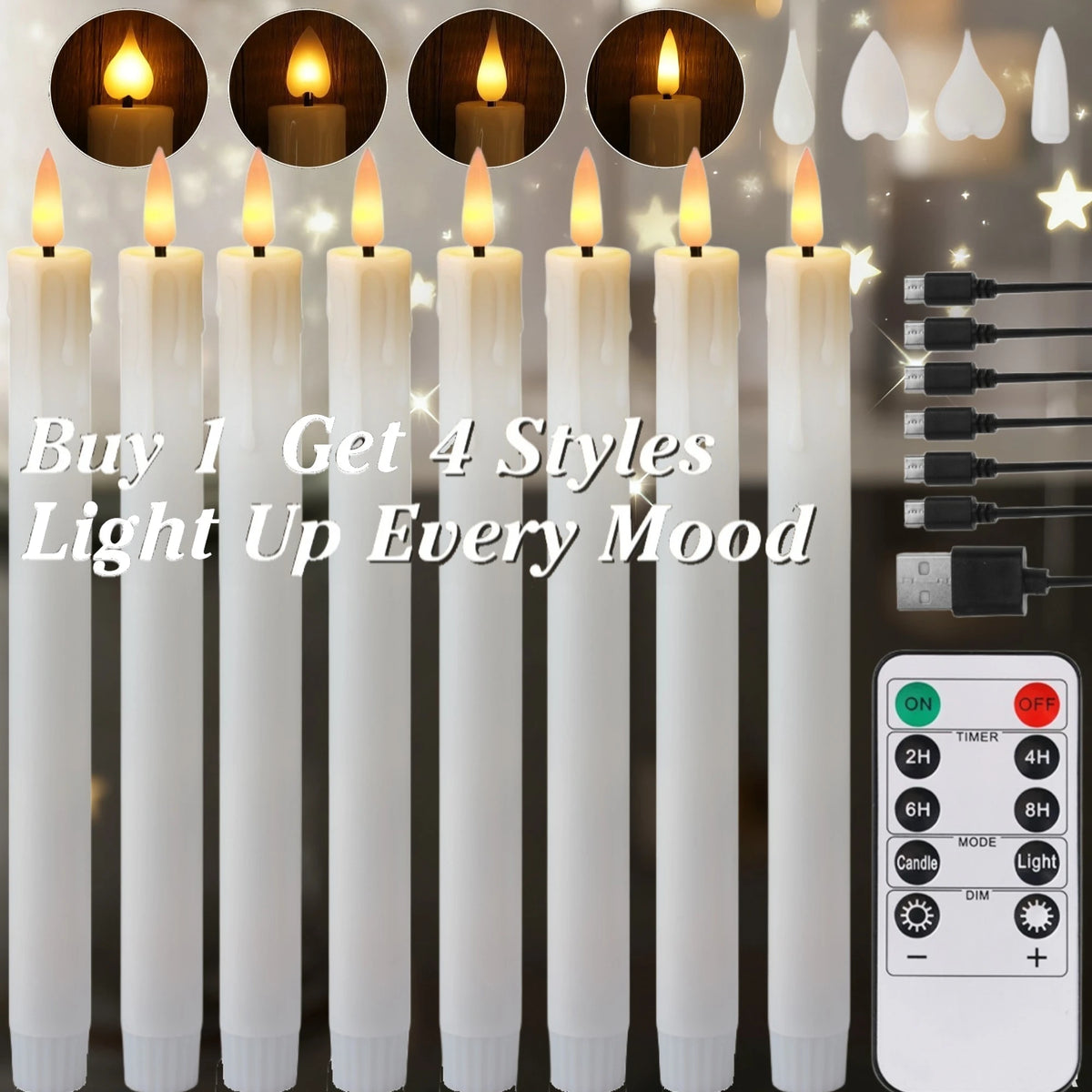 Rechargeable Flameless LED Taper Candles with Timer Remote & USB Charging Cable Flickering Dripping Wax Window Tall Candlesticks
