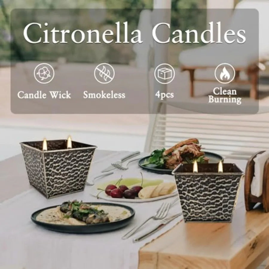 Citronella Candles 4 Pack - 2 Wicks Outdoor and Indoor Ambience Candles Vintage Hamme Metal Jar Smokeless Clean Burning Summer