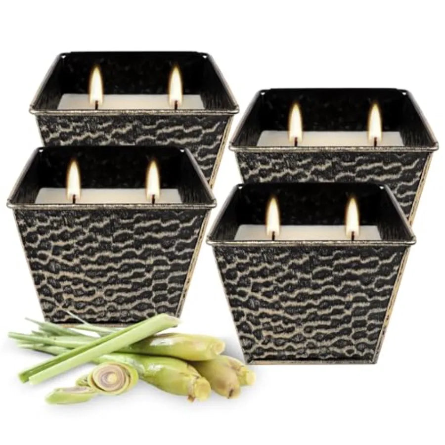 Citronella Candles 4 Pack - 2 Wicks Outdoor and Indoor Ambience Candles Vintage Hamme Metal Jar Smokeless Clean Burning Summer